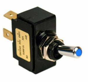 K-FOUR SWITCHES Part Number: 12-148 : LEVER SWITCH / LIGHTED BLUE TIP /12V OFF-ON / 15AMP