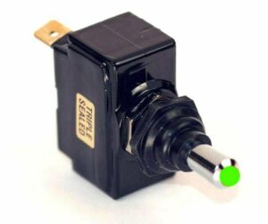 K-FOUR SWITCHES Part Number: 13-146 : SEALED SWITCH / GREEN INCANDESCENT TIP/ SINGLE POLE-12V-OFF-ON / 15AMP