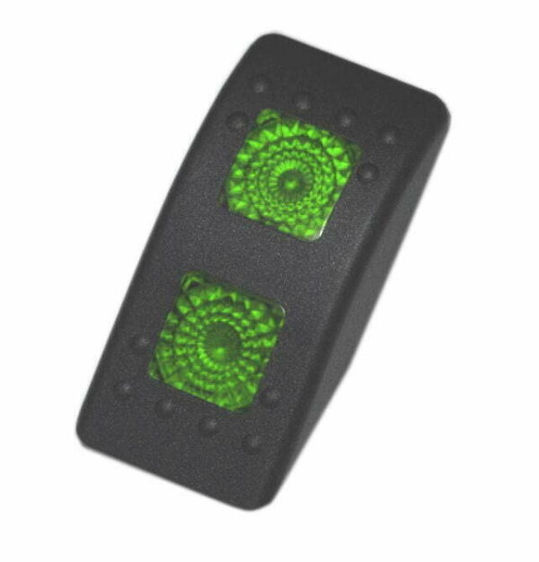 K-FOUR SWITCHES Part Number: 14-532GG : HARD BLACK ACTUATOR/ TWO SQUARE GREEN LENS