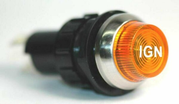 K-FOUR SWITCHES Part Number: 17-432-06 : 12V LARGE INDICATOR 3/4 in / REPLACEABLE LAMP /CHROME BEZEL /AMBER-IGN LENS
