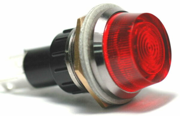 K-FOUR SWITCHES Part Number: 17-440F : 12V JUMBO INDICATOR 1 in / REPLACEABLE LAMP / CHROME BEZEL / RED / FLASHING