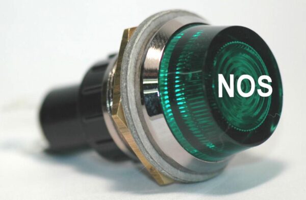 K-FOUR SWITCHES Part Number: 17-441-00 : 12V JUMBO INDICATOR 1 in / REPLACEABLE LAMP / CHROME BEZEL / GREEN-NOS LENS